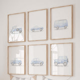 Watercolor light blue vintage car print for toddler room decor, baby boys room decor, blue nursery decor.