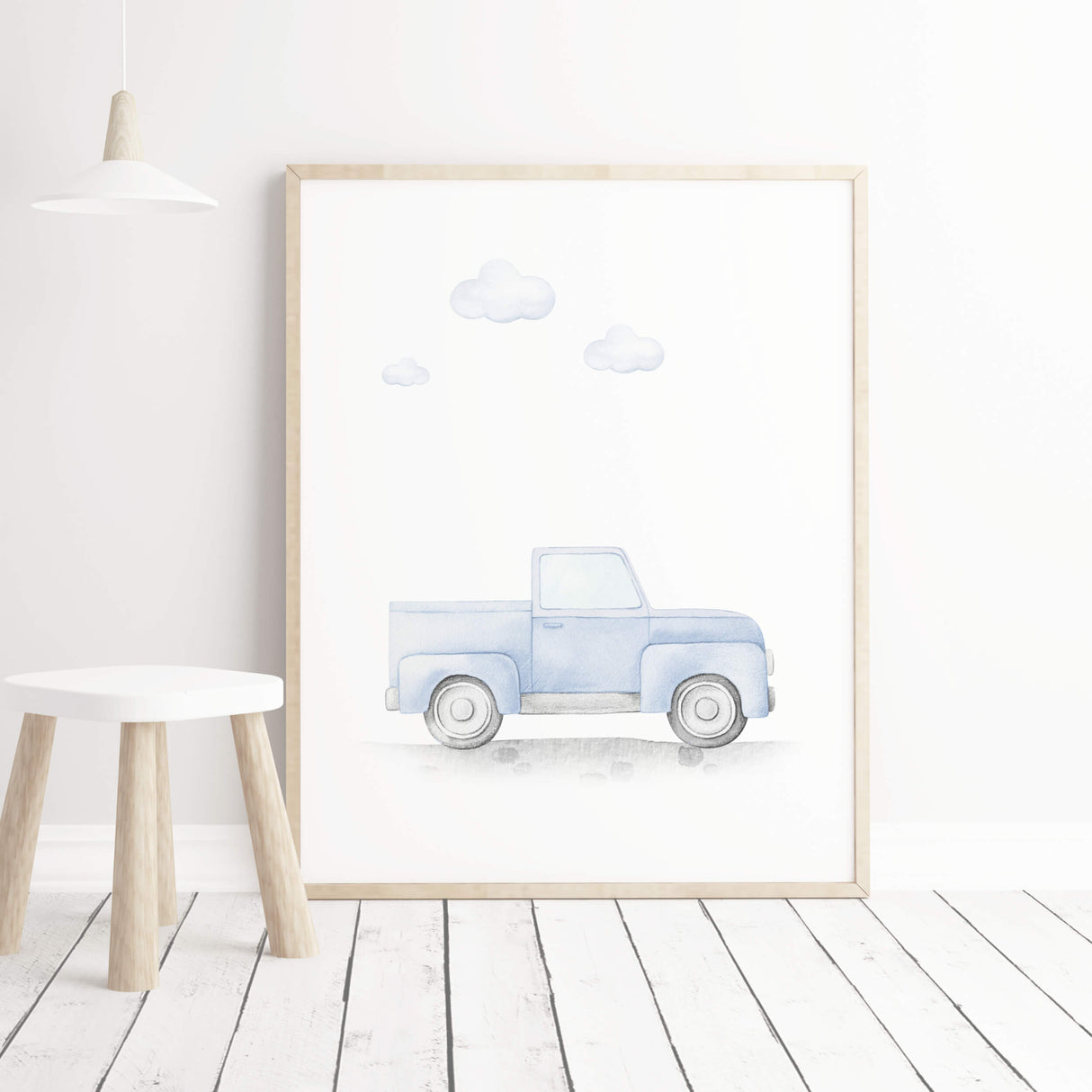 Watercolor light blue car printable for baby boys and toddler room decor.