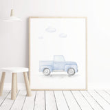 Watercolor light blue car printable for baby boys and toddler room decor.