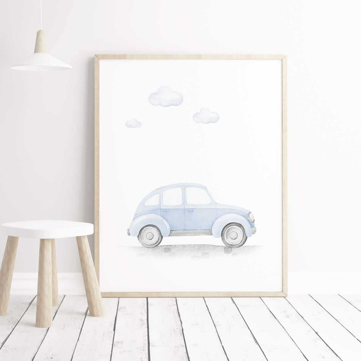 Light blue vintage car printable for baby boys and toddler room decor.