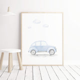 Light blue vintage car printable for baby boys and toddler room decor.