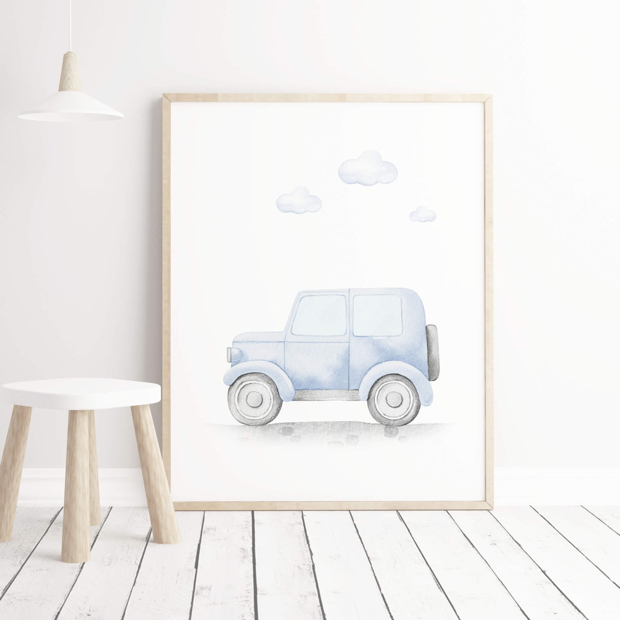 Light blue vintage car printable for baby boys and toddler room decor.
