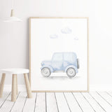 Light blue vintage car printable for baby boys and toddler room decor.