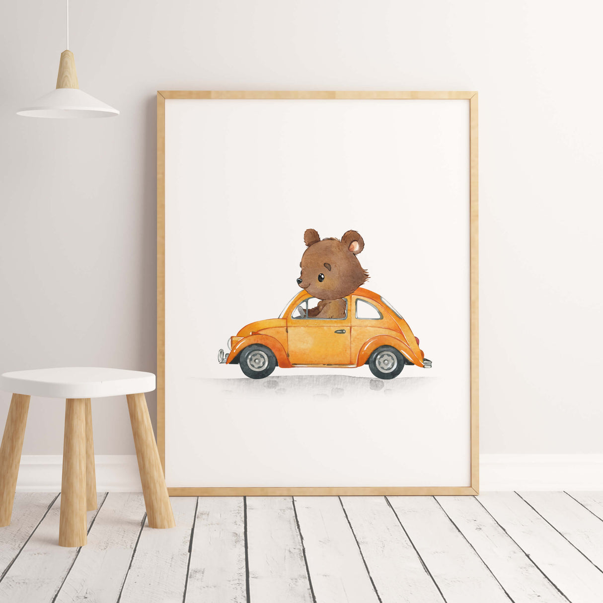 Watercolor cars with bear print for toddler and boys room decor.
