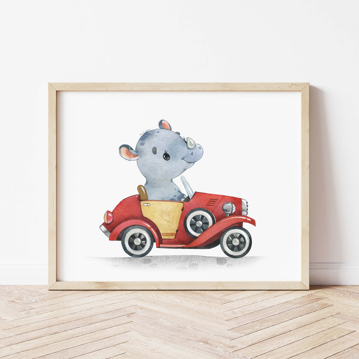 Vintage car with hippo  print for toddler room decor and baby boys room decor.