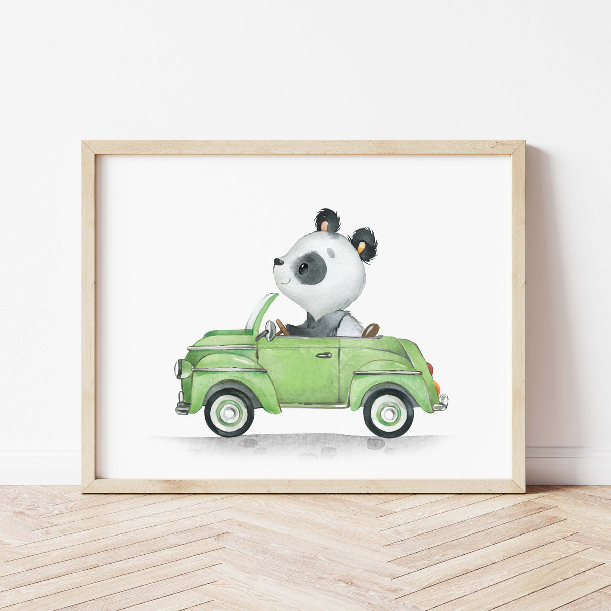 Car with panda  print for toddler room decor and baby boys room decor.