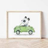 Car with panda  print for toddler room decor and baby boys room decor.