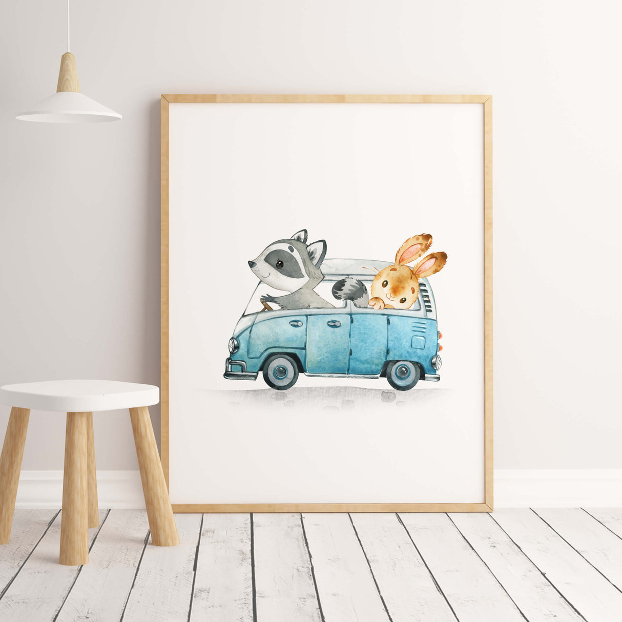Watercolor cars with raccoon and bunny  print for toddler and boys room decor.