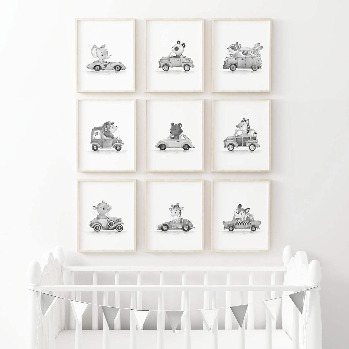 Watercolor gray vintage cars print with safari and woodland animals for toddler room decor, baby room decor, kids room decor.