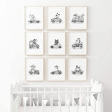 Watercolor gray vintage cars print with safari and woodland animals for toddler room decor, baby room decor, kids room decor.