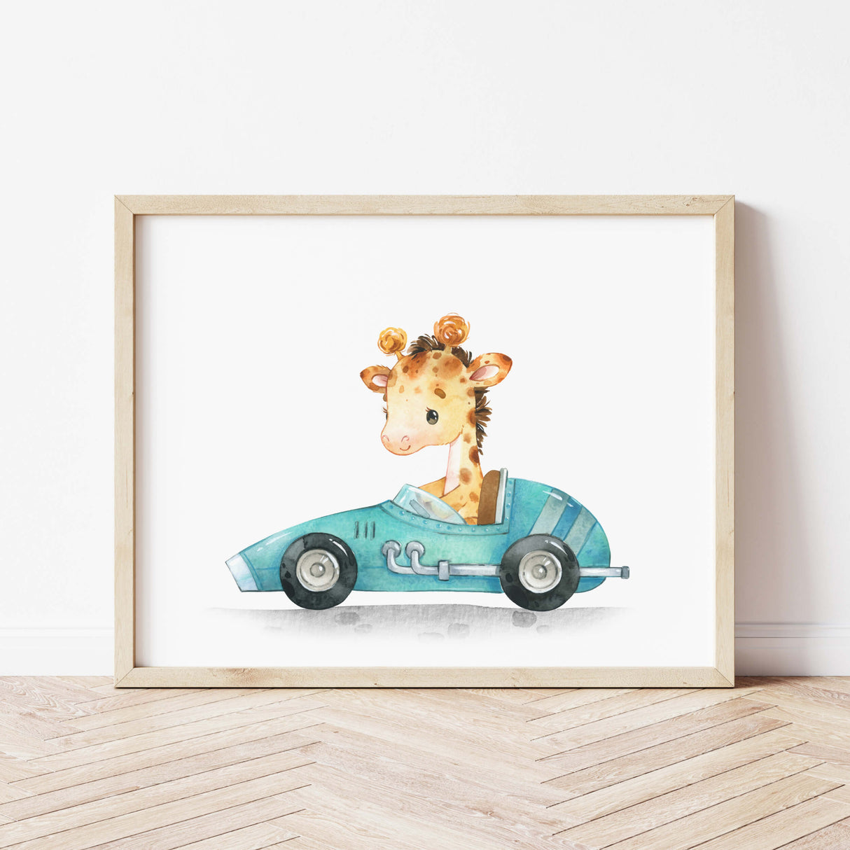 Race car with giraffe  print for toddler room decor and baby boys room decor.