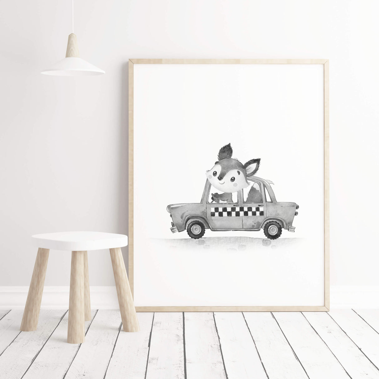 Watercolor gray vintage cars print with fox for toddler room decor, baby room decor, kids room decor.