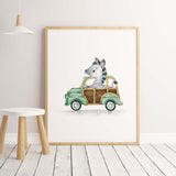 Watercolor cars with zebra print for toddler and boys room decor.