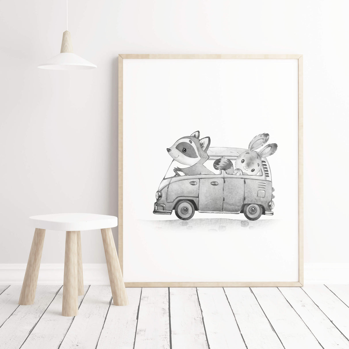 Watercolor gray vintage cars print with woodland animals for toddler room decor, baby room decor, kids room decor.