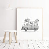 Watercolor gray vintage cars print with woodland animals for toddler room decor, baby room decor, kids room decor.