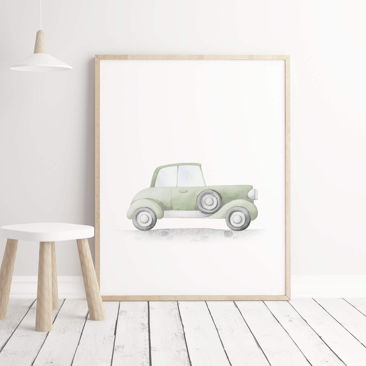 Watercolor sage green vintage car print neutral color for toddler and baby boys room decor.