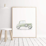Watercolor sage green vintage car print neutral color for toddler and baby boys room decor.