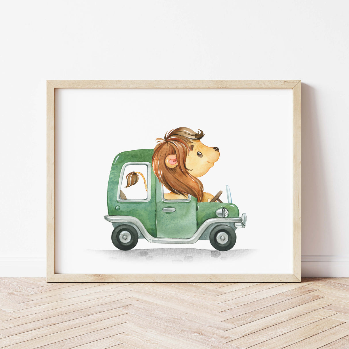 Car with lion  print for toddler room decor and baby boys room decor.