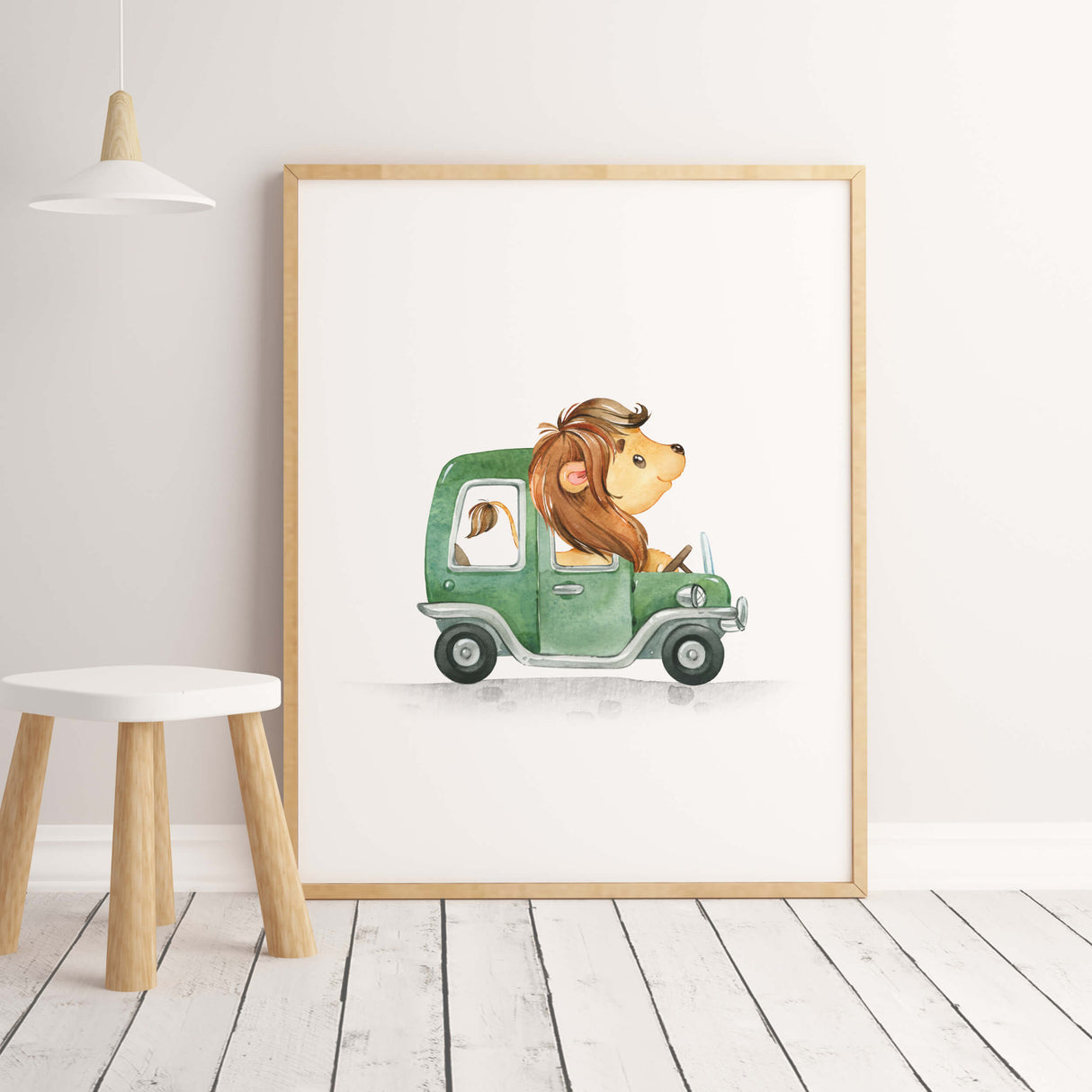 Watercolor cars with lion print for toddler and boys room decor.