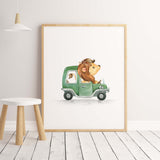 Watercolor cars with lion print for toddler and boys room decor.