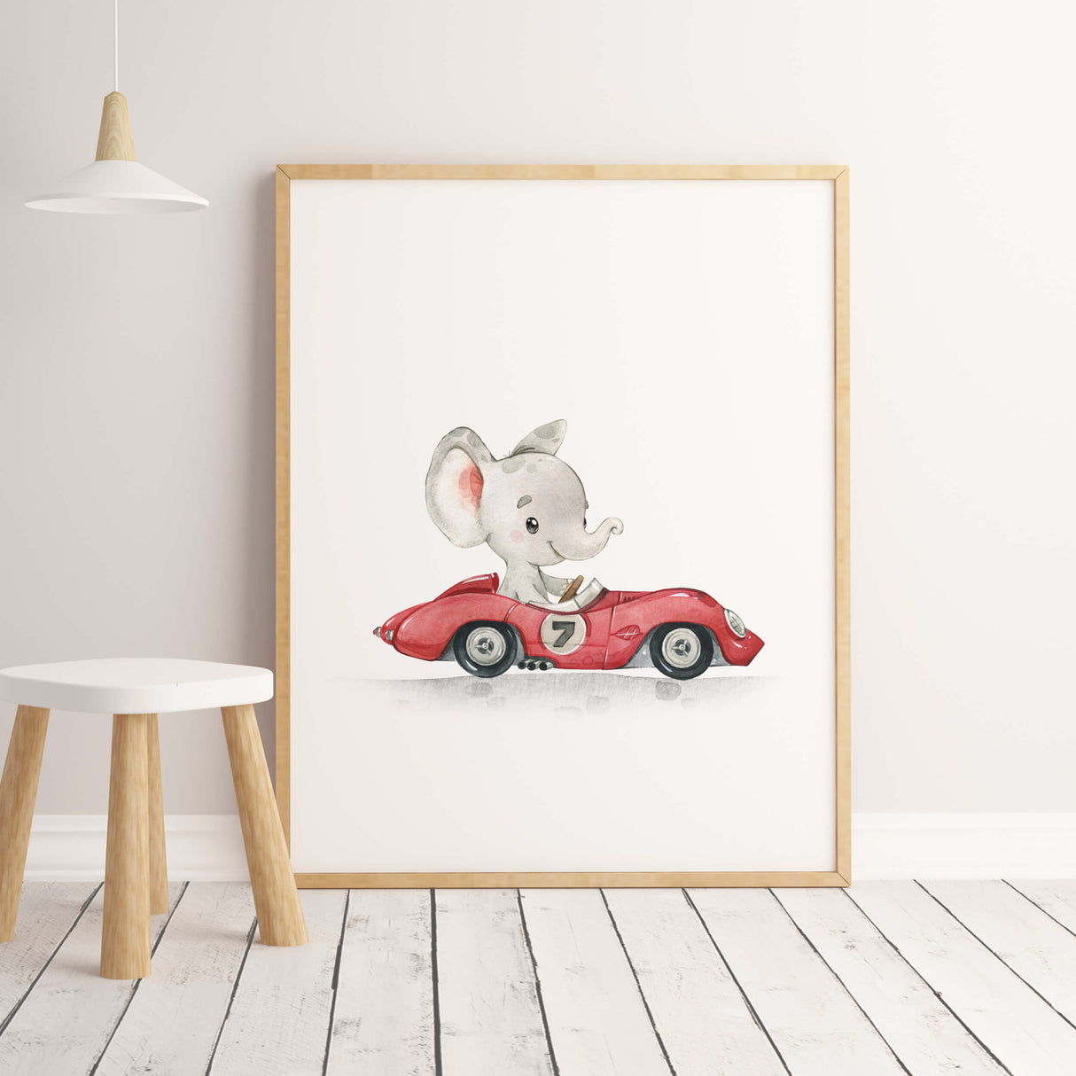 Watercolor cars with elephant print for toddler and boys room decor.