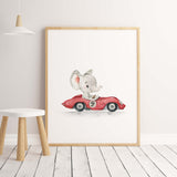 Watercolor cars with elephant print for toddler and boys room decor.