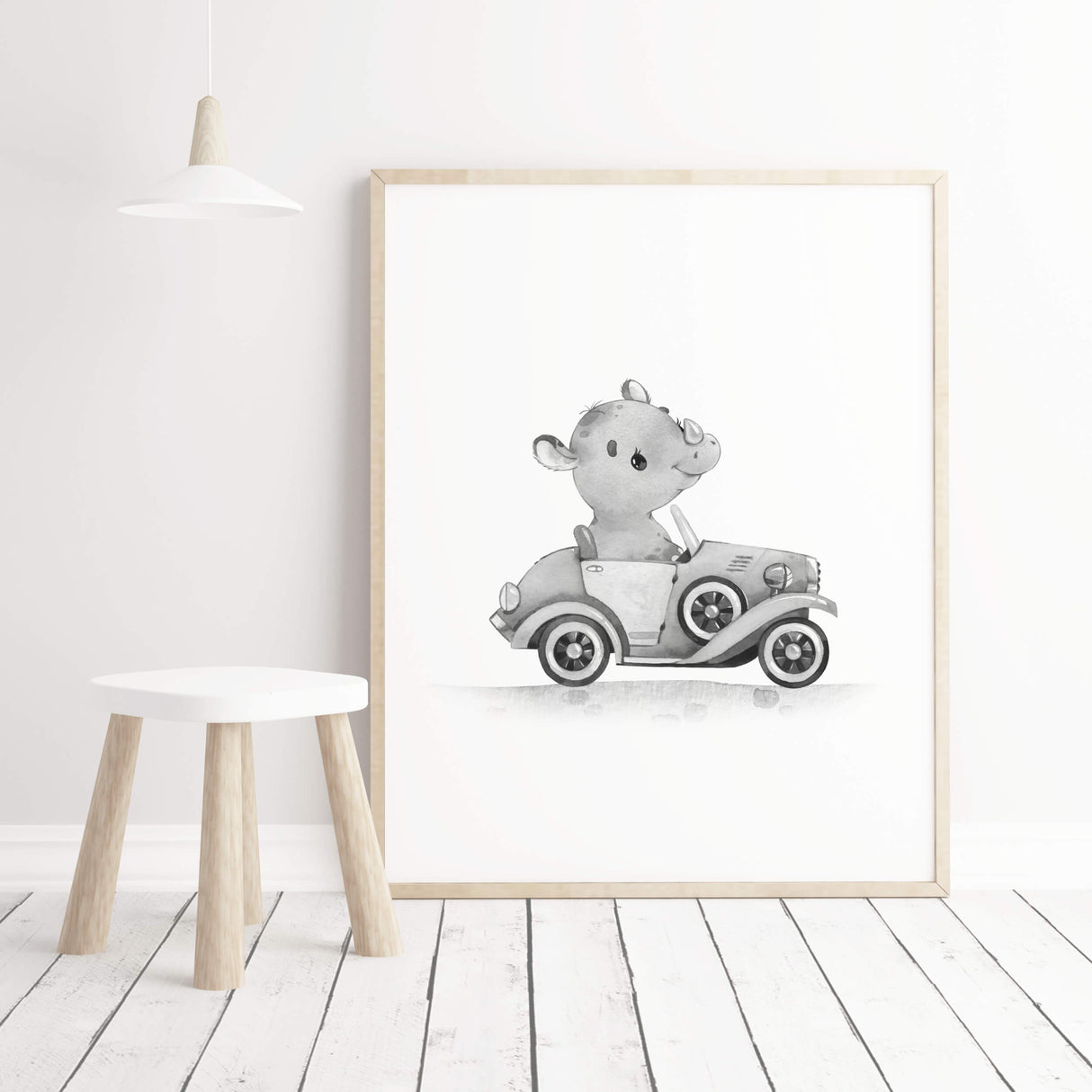 Watercolor gray vintage cars print with rhino for toddler room decor, baby room decor, kids room decor.