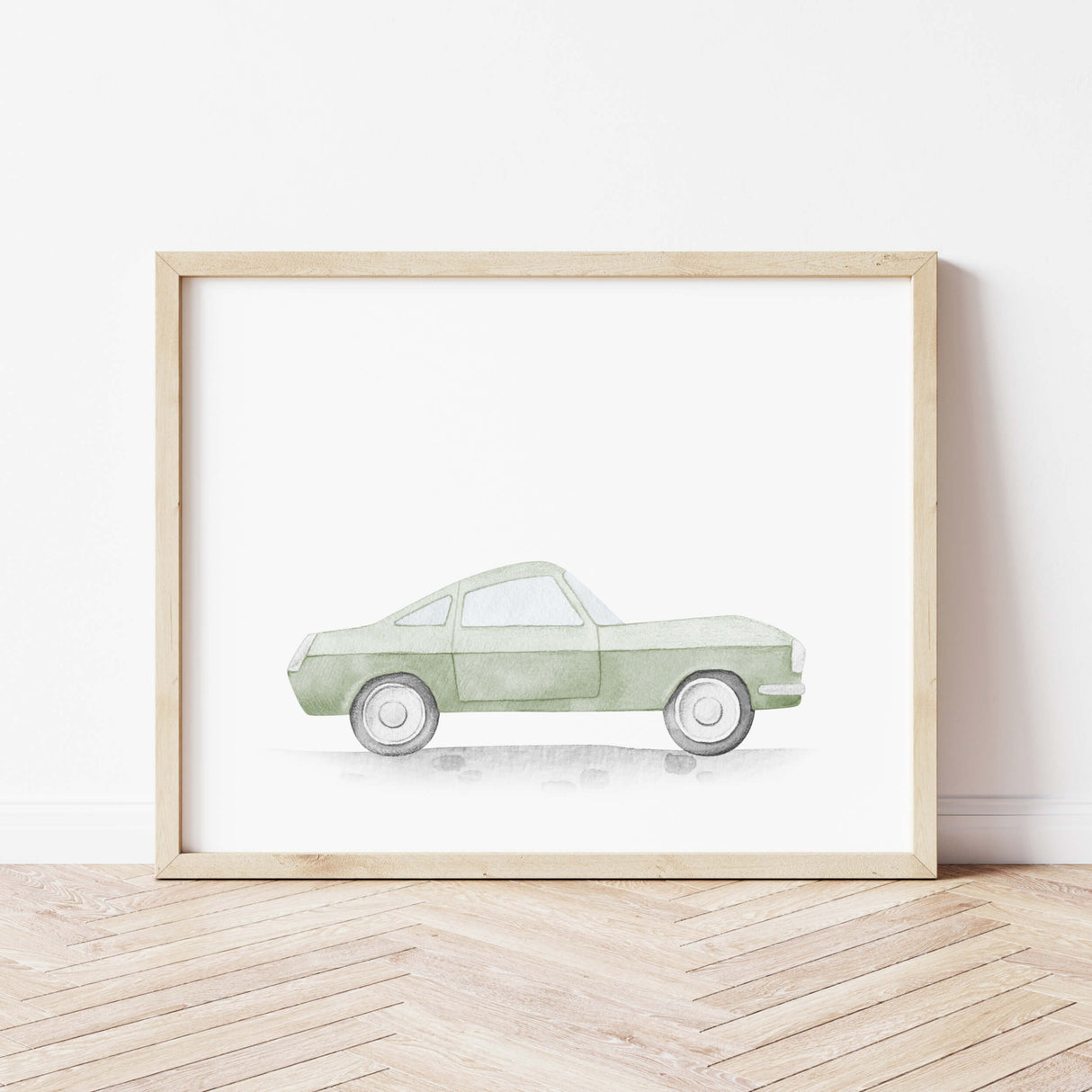Watercolor sage green vintage car print for toddler room decor and baby boys room decor, sage green nursery decor, kids room decor.