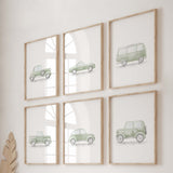 Watercolor car print in sage green neutral color for toddler and baby boys room decor.