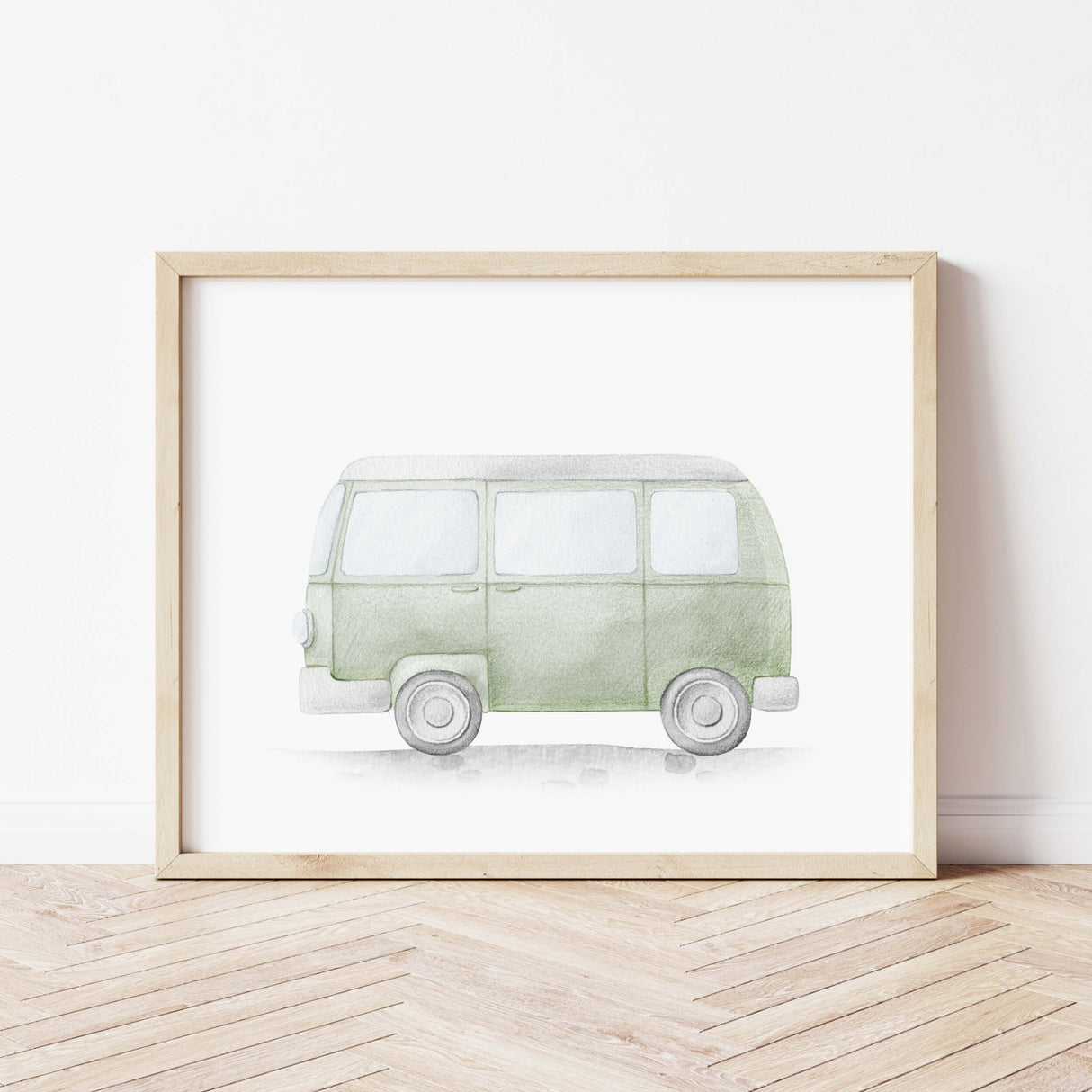 Watercolor sage green vintage car print for toddler room decor and baby boys room decor, sage green nursery decor, kids room decor.