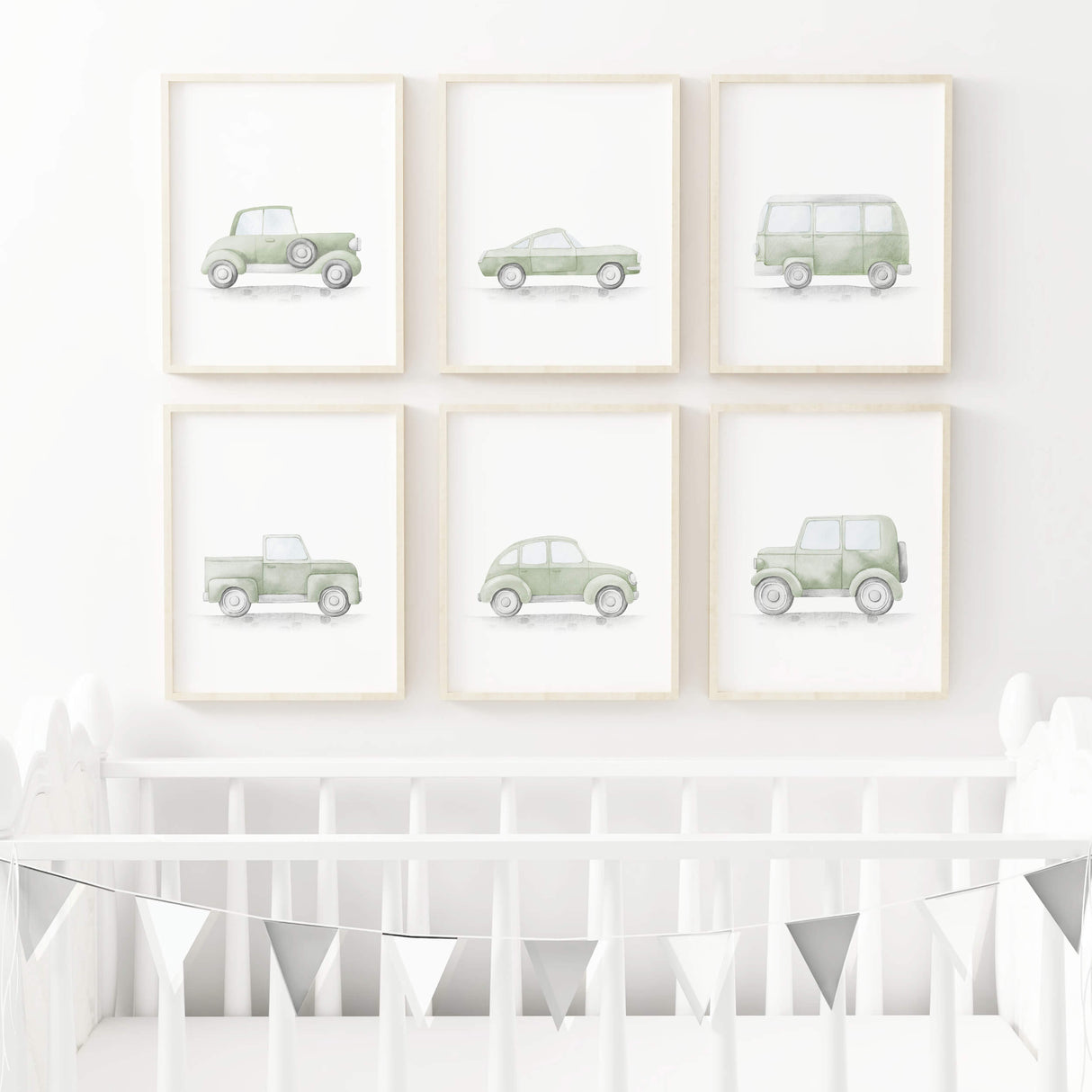 Set of 6 watercolor sage green car printable neutral color for toddler and baby boys room decor.