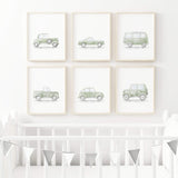 Set of 6 watercolor sage green car printable neutral color for toddler and baby boys room decor.