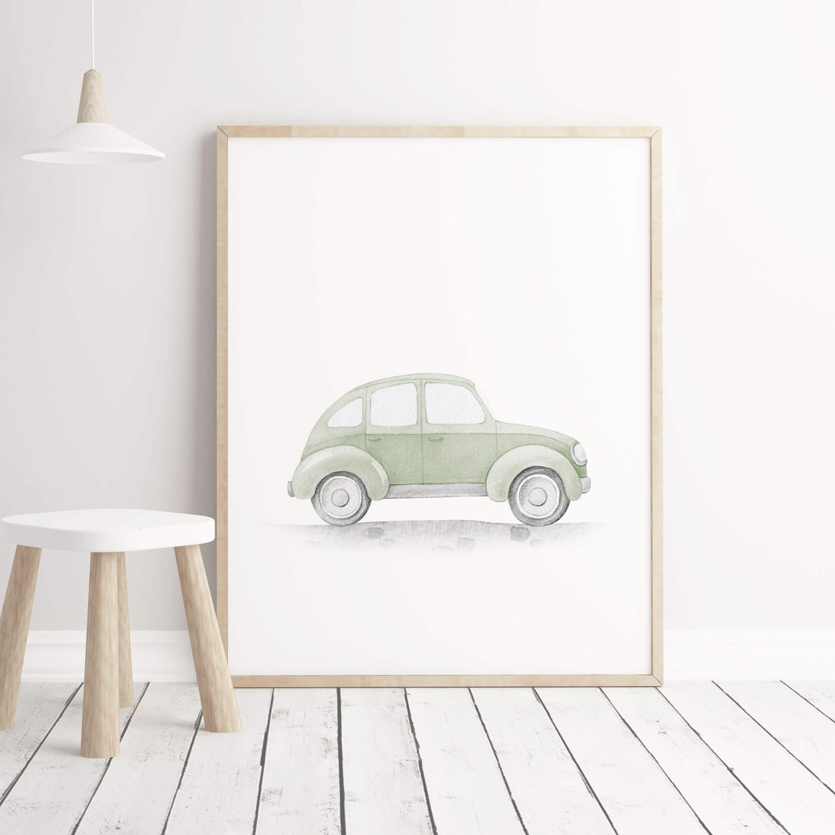 Watercolor sage green  buggy car printable neutral color for toddler and baby boys room decor.