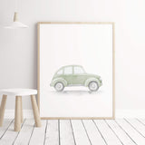 Watercolor sage green  buggy car printable neutral color for toddler and baby boys room decor.