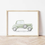 Watercolor sage green vintage car print for toddler room decor and baby boys room decor, sage green nursery decor, kids room decor.