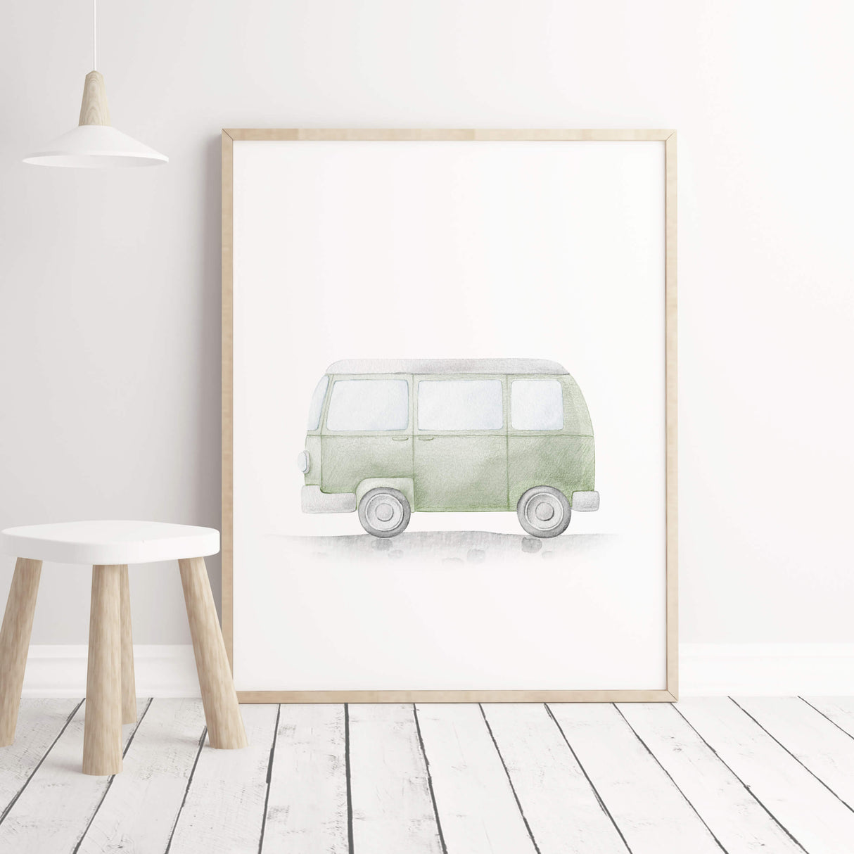 Watercolor sage green bus print neutral color for toddler and baby boys room decor.