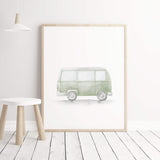 Watercolor sage green bus print neutral color for toddler and baby boys room decor.