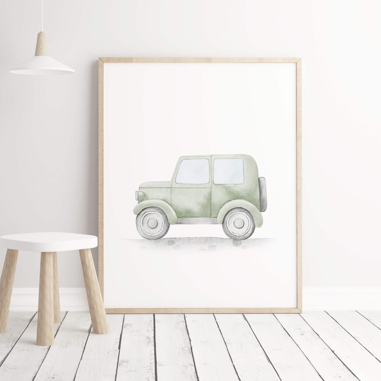 Watercolor sage green vintage car printable neutral color for toddler and baby boys room decor.