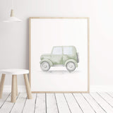 Watercolor sage green vintage car printable neutral color for toddler and baby boys room decor.