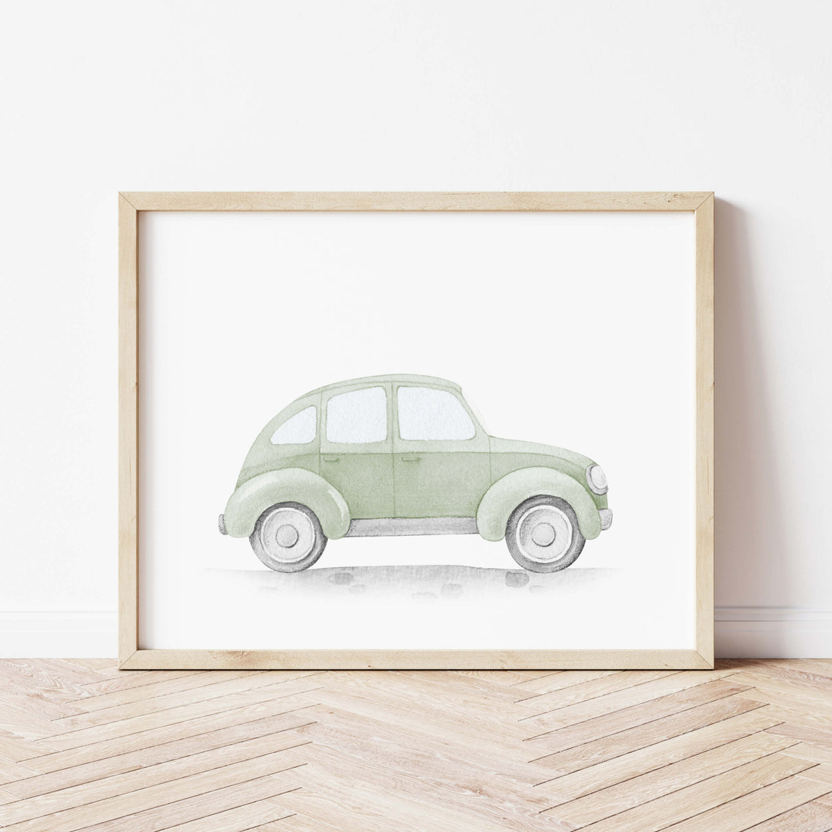 Watercolor sage green vintage car print for toddler room decor and baby boys room decor, sage green nursery decor, kids room decor.