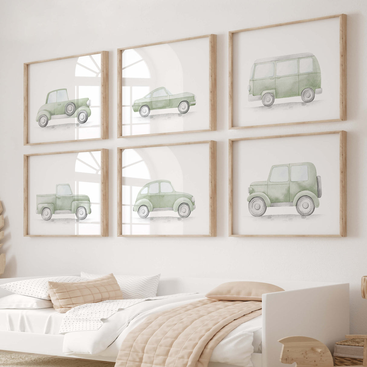 Watercolor vintage car print in sage green color for toddler room decor and baby boys room decor, sage green nursery decor.