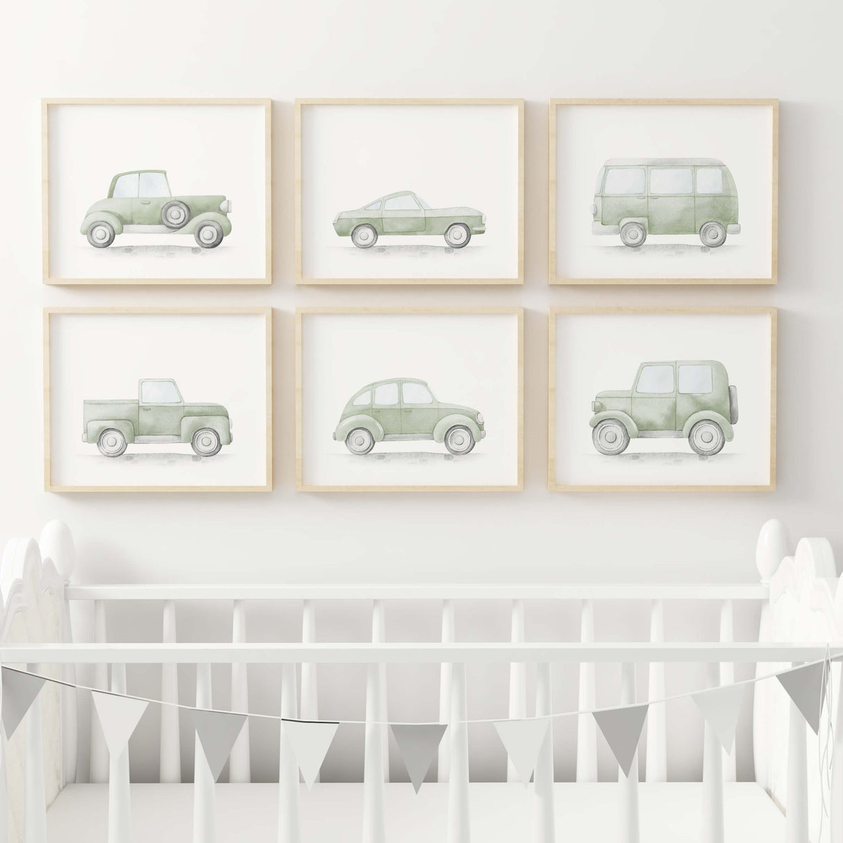 Watercolor vintage car printable in sage green color for toddler room decor and baby boys room decor, sage green nursery decor.