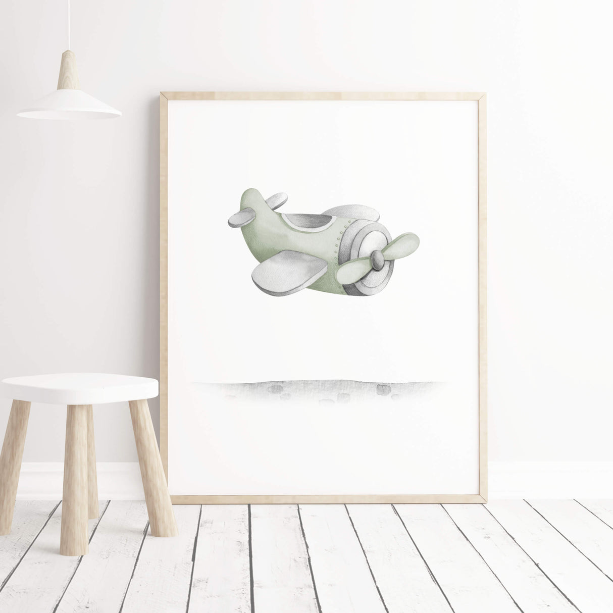 Watercolor sage green transport print with airplane for toddler room decor and baby boys room decor, sage green nursery decor, sage green kids room decor.