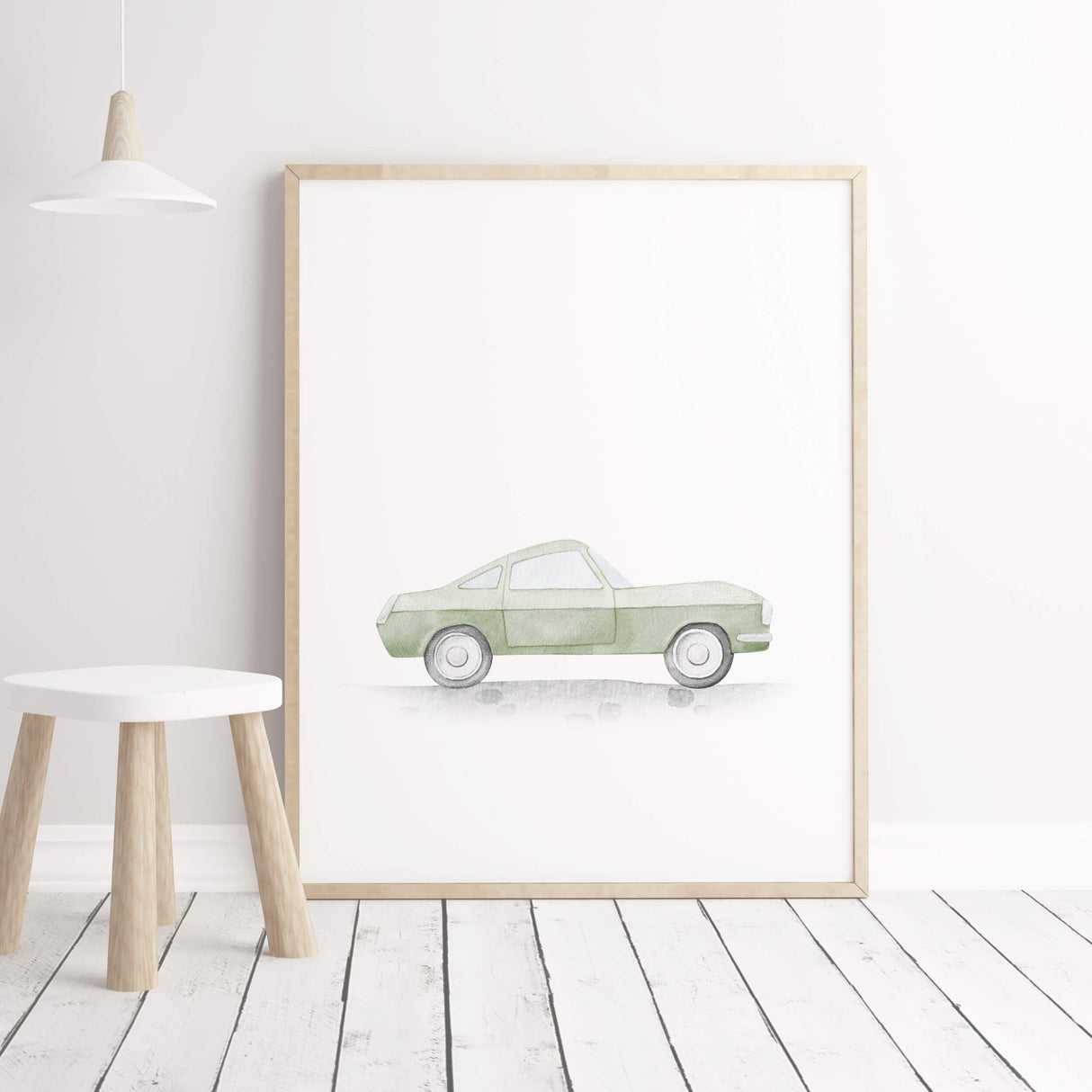 Watercolor sage green transport printable with vintage cars, airplane, train, spaceship for toddler room decor and baby boys room decor, sage green nursery decor, sage green kids room decor.