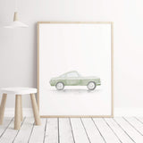 Watercolor sage green transport printable with vintage cars, airplane, train, spaceship for toddler room decor and baby boys room decor, sage green nursery decor, sage green kids room decor.