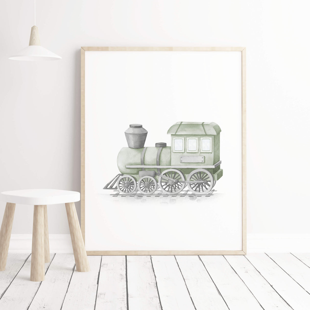 Watercolor sage green transport print with train for toddler room decor and baby boys room decor, sage green nursery decor, sage green kids room decor.