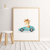 Watercolor cars with giraffe print for toddler and boys room decor.