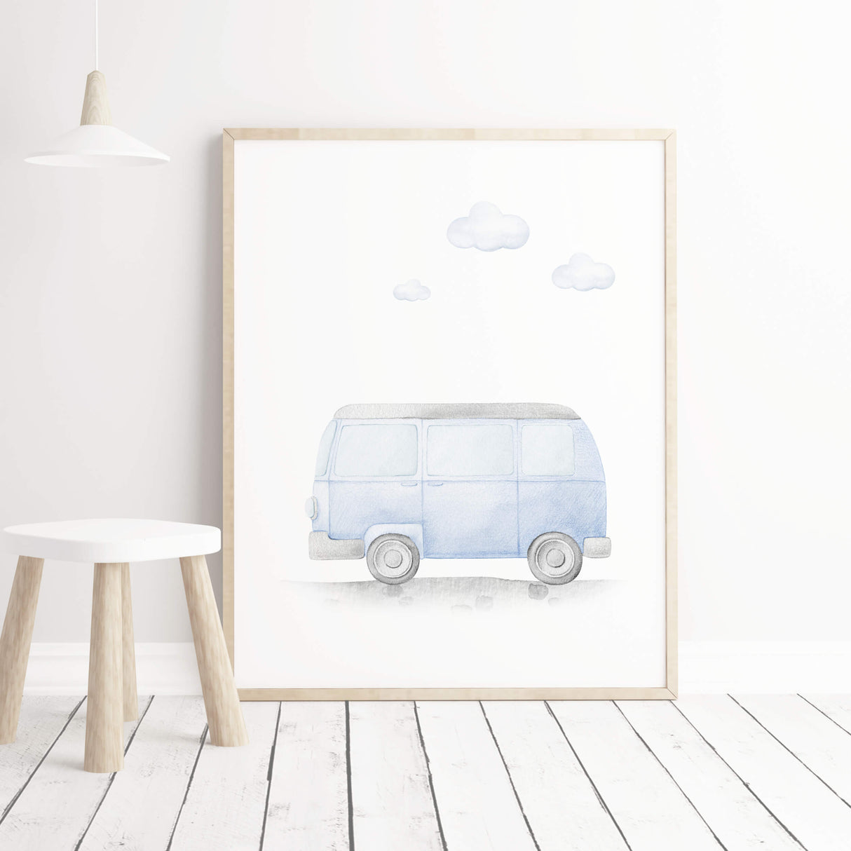 Light blue bus print for baby boys and toddler room decor.