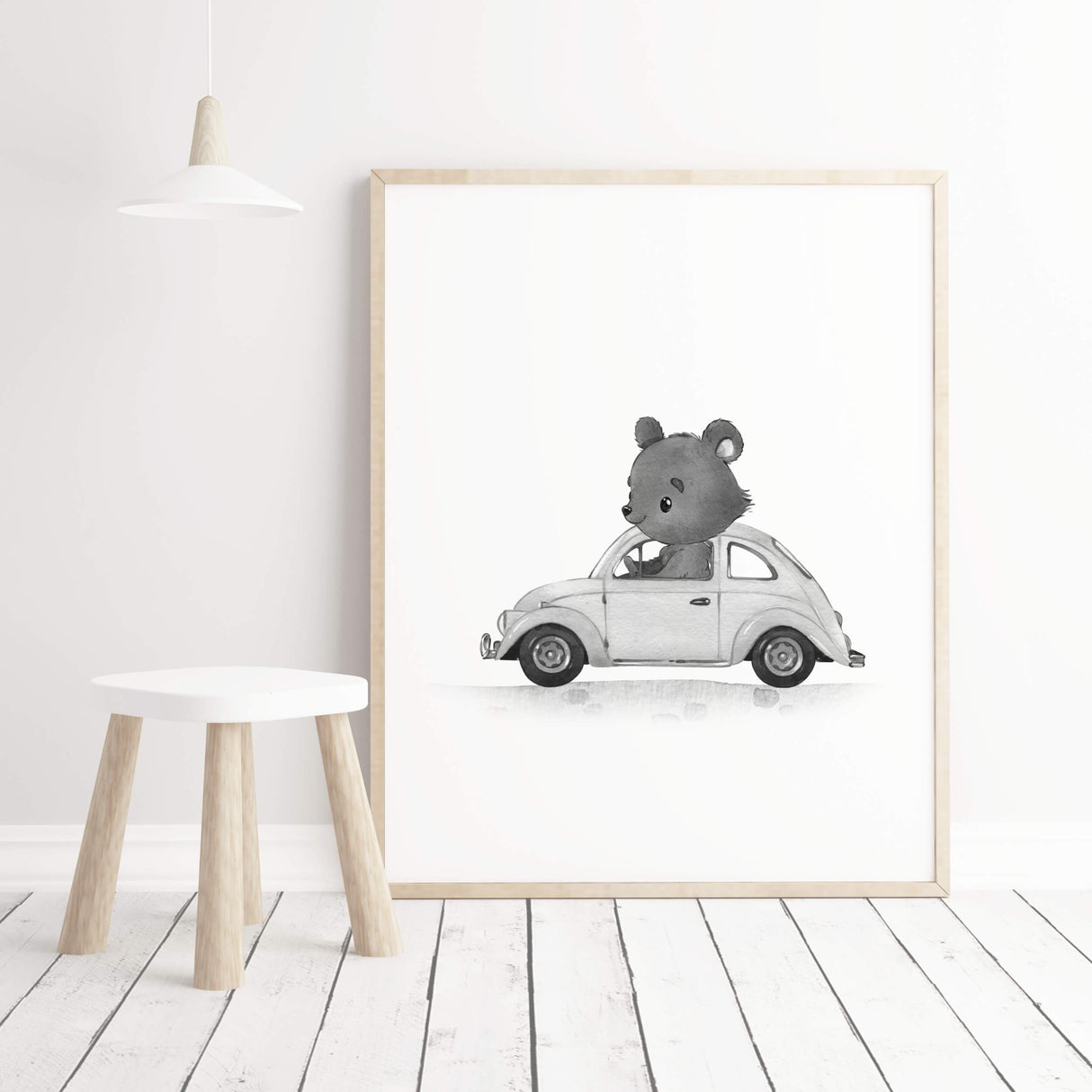 Watercolor gray vintage cars print with bear for toddler room decor, baby room decor, kids room decor.