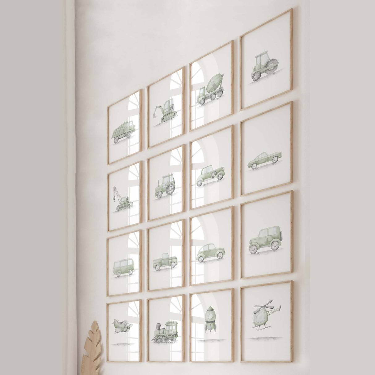 Watercolor sage green transport print with construction vehicle (dump truck, digger, crane, road roller, tractor, vintage cars, train, airplane, helicopter, airship print for baby boys room decor, toddler room decor.